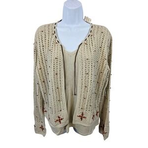 NEW ~ Victoria Jones Beaded Crochet Knit Cardigan Sweater Beige Womens XL /A177